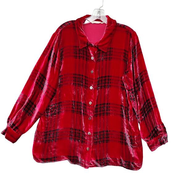 Soft Surroundings Blouse Size Large Red Festive Velvet Button Down - Picture 6 of 14